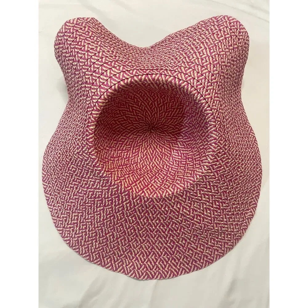 Wide Brim Straw Sun Hat Pink Beige Chevron Floppy Beach Summer Packable